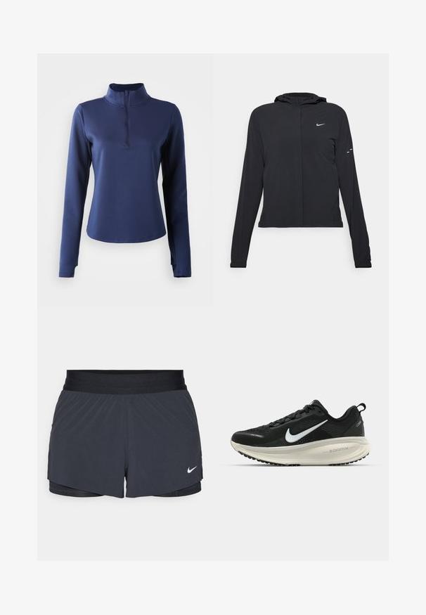 Zwarte kaptrui met lange mouwen, gemaakt van lichtgewicht materiaal. Voorzien van een ritssluiting aan de voorkant, een Nike-logo en subtiele ontwerpelementen.; Navy langmouw shirt met een hoge kraag en een kwart rits. Glad materiaal, getailleerd ontwerp en stiksel details rond de halslijn.; Zwarte sportshorts met een elastische tailleband, met een gelaagd ontwerp en een klein wit Nike-logo aan de onderkant links. Lichtgewicht materiaal.; Zwarte Nike hardloopschoen met ademend mesh bovenwerk, witte swoosh-logo, gestructureerde details en een crèmekleurige ZoomX middenzool.
