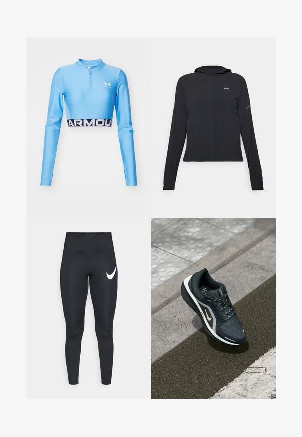 Mustassa hupparissa on pitkät hihat, ja se on valmistettu kevyestä materiaalista. Siinä on edessä vetoketju, Nike-logo ja hillityt muotoiluyksityiskohdat.; Sininen, pitkähihaisesti urheilu crop-top, jossa on puoliveto. Alaosassa musta kaistale, jossa on valkoisella tekstillä "ARMOUR". Valmistettu venyvästä materiaalista.; Mustat korkea vyötärö athletic leggingsit, joissa on valkoinen Nike swoosh -logo vasemmassa yläreidessä valkoista taustaa vasten.; Mustat ja harmaat urheilukengät, joissa on tikkipinta, heijastavat yksityiskohdat, pehmustettu pohja ja kuvioidut nauhat. Aseteltu kulmaan asfaltilla.
