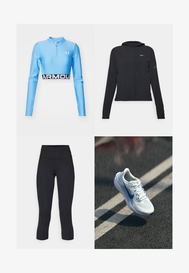 Schwarze Kapuzenjacke mit langen Ärmeln, aus leichtem Material gefertigt. Sie hat einen vorderen Reißverschluss, ein Nike-Logo und dezente Designelemente.; Blaues, langärmeliges, athletisches Crop-Top mit einem halben Reißverschluss am Hals. Verfügt über ein schwarzes Band mit "ARMOUR" in weißer Schrift am Saum. Hergestellt aus elastischem Material.; Schwarze, cropped Leggings aus dehnbarem Material, mit einem hohen Bund und glatter Textur, ohne sichtbare Muster oder Hardware.; Weißer Sportschuh mit atmungsaktivem Mesh-Obermaterial und blauen Akzenten. Verfügt über eine gepolsterte Sohle und flache Schnürsenkel. Die Zwischensohle zeigt das Branding "Air Zoom".