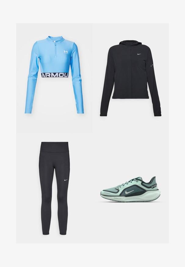 Čierna kapucňová bunda s dlhou rukávou, vyrobená z ľahkého materiálu. Má predný zips, logo Nike a jemné dizajnové akcenty.; Modrý, dlhý športový crop top s polovičným zipsom na krku. Obsahuje čierny pruh s nápisom "ARMOUR" bielymi písmenami na spodnom okraji. Vyrobené z elastického materiálu.; Čierne legíny z elastického materiálu, s vysokým pásom a bielym logom Nike na ľavom stehne. Hladká textúra, priliehavý dizajn.; Nike Performance AIR ZM PEGASUS 41 GTX - Cestná bežecká obuv - cannon/bleached turquoise/barely green/seaweed/mint foam