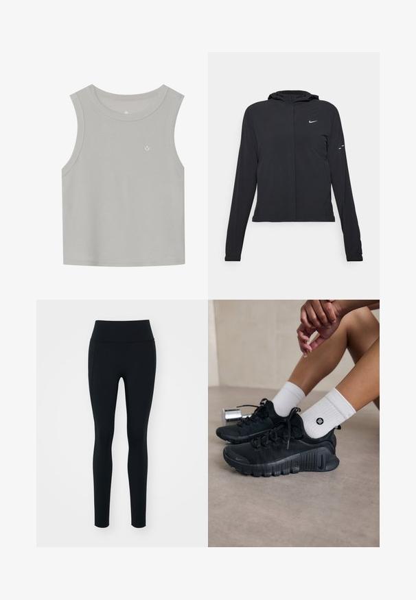 Zwarte kaptrui met lange mouwen, gemaakt van lichtgewicht materiaal. Voorzien van een ritssluiting aan de voorkant, een Nike-logo en subtiele ontwerpelementen.; Lichtgrijze mouwloze tanktop van geribd materiaal; heeft een ronde halslijn en een klein wit logo op de voorkant. Eenvoudig ontwerp.; Zwarte leggings van rekbaar materiaal met een hoge tailleband. Soepele textuur, slim fit ontwerp en geen zichtbare versieringen of patronen.; Zwarte sport schoenen van een gestructureerde stof, met vetersluiting en een opvallende zool, gecombineerd met witte geribbelde sokken met een klein logo.