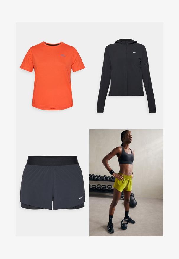Svart hettegenser med lange ermer, laget av lett materiale. Har glidelås foran, Nike-logo og subtile design detaljer.; Oransje T-skjorte med kort erm laget av myk bomull, med en blå fjelllogo på venstre bryst, rund hals og normal passform.; Sorte treningshorts med elastisk midjebånd, med lagdelt design og liten hvit Nike-logo på nederste venstre side. Lett materiale.; Svart sports-bh, lyse gule shorts med elastisk midje, svarte joggesko og håndleddsbånd, står ved siden av kettlebells.