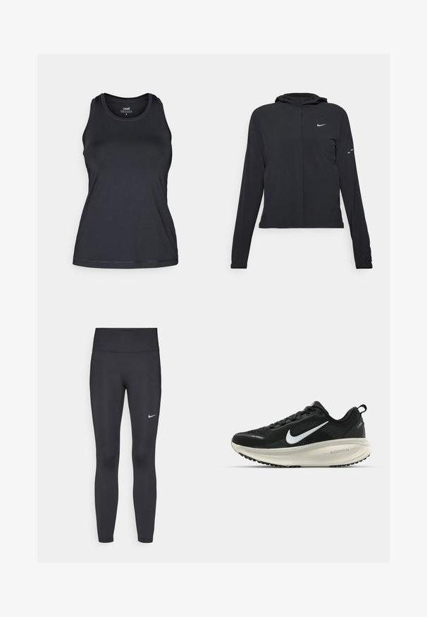 Svart hettegenser med lange ermer, laget av lett materiale. Har glidelås foran, Nike-logo og subtile design detaljer.; Svart treningssinglet med en tettsittende design, ermeløs snitt, rund halslinje og myk, jevn tekstur. Har subtile sømdetaljer.; Sorte leggings laget av elastisk stoff, med høy livlinje og en hvit Nike-logo på venstre lår. Glatt tekstur, kroppsnær passform.; Svart Nike løpesko med pustende mesh-overdel, hvit swoosh-logo, teksturert detaljer og en kremfarget ZoomX mellomsåle.