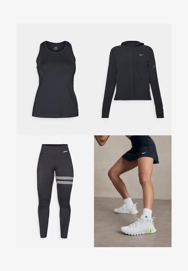 Schwarze Kapuzenjacke mit langen Ärmeln, aus leichtem Material gefertigt. Sie hat einen vorderen Reißverschluss, ein Nike-Logo und dezente Designelemente.; Schwarzes sportliches Tanktop mit körperbetontem Design, ärmellosem Schnitt, rundem Ausschnitt und weicher, glatter Textur. Verfügt über dezente Stickdetails.; Schwarze, hochtaillierte Sportleggings mit zwei weißen diagonalen Streifen am rechten Oberschenkel und kleinem "STRONGER"-Logo am Taillenbund.; Weiße Sportschuhe mit strukturierter Oberfläche, neon-grünen Akzenten und einem markanten Nike-Logo. Getragen mit weißen Knöchelsocken.