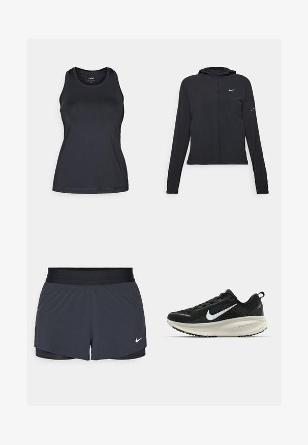 Chaqueta negra con capucha y mangas largas, hecha de un material ligero. Presenta un cierre frontal, un logo de Nike y acentos de diseño sutiles.; Camiseta de deporte negra con un diseño ajustado, corte sin mangas, escote redondo y textura suave y lisa. Presenta detalles de costura sutiles.; Shorts deportivos negros con cintura elástica, que presentan un diseño en capas y un pequeño logo blanco de Nike en la parte inferior izquierda. Material ligero.; Zapatilla de running Nike negra con parte superior de malla transpirable, logo Swoosh blanco, detalles texturizados y una entresuela ZoomX de color crema.