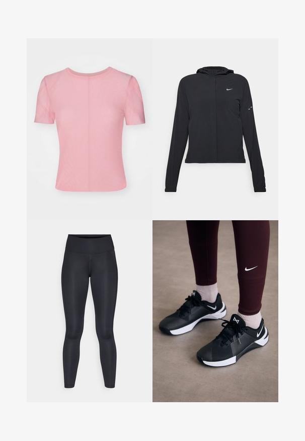 Černá kapucňová bunda s dlouhými rukávy, vyrobená z lehkého materiálu. Obsahuje přední zip, logo Nike a decentní designové akcenty.; Tričko s krátkým rukávem, přiléhavého střihu vyrobené z měkké, lehké látky. Barva: světle růžová. Obsahuje kulatý výstřih a bezešvý design s hladkou texturou.; Černé legíny vyrobené z hladké, elastické tkaniny. Vysoký pas bez viditelných vzorů nebo akcentů. Těsně přiléhají od pasu k kotníkům.; Černé sportovní boty s texturovaným svrškem a bílými akcenty, s tkaničkami a božím logem. Nosené s vínovými legínami a světlými ponožkami.