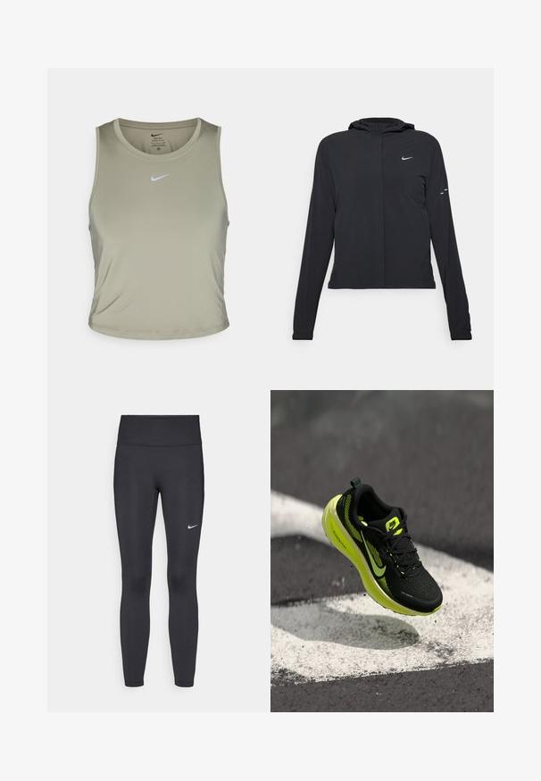 Black hooded jacket with long sleeves, made from lightweight material. Features a front zipper, a Nike logo, and subtle design accents.; Green athletic tank top made of moisture-wicking fabric. Features a crew neckline, sleeveless design, and a small blue logo on the front.; Black leggings made of stretchy fabric, featuring a high waistband and a white Nike logo on the left thigh. Smooth texture, form-fitting design.; Black running shoe with yellow accents, mesh upper, textured pattern, and prominent brand logo. Lightweight foam sole for cushioning.