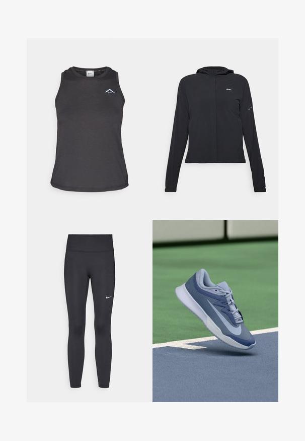 Crna jakna s kapuljačom i dugim rukavima, izrađena od laganog materijala. Ima prednji patentni zatvarač, Nike logo i suptilne dizajnerske detalje.; Crni atletski top bez rukava s okruglim izrezom, s malim plavim logotipom na prsima i glatkim, laganim materijalom.; Crne tajice izrađene od rastezljivog materijala, s visokim strukom i bijelim Nike logotipom na lijevom bedru. Glatka tekstura, dizajn koji prati obline.; Sportske tenisice u svijetloplavoj i tamnoplavoj boji, s teksturiranim gornjim dijelom, ravnim vezicama i laganim bijelim potplatom. Iznad su povišene u odnosu na teren.