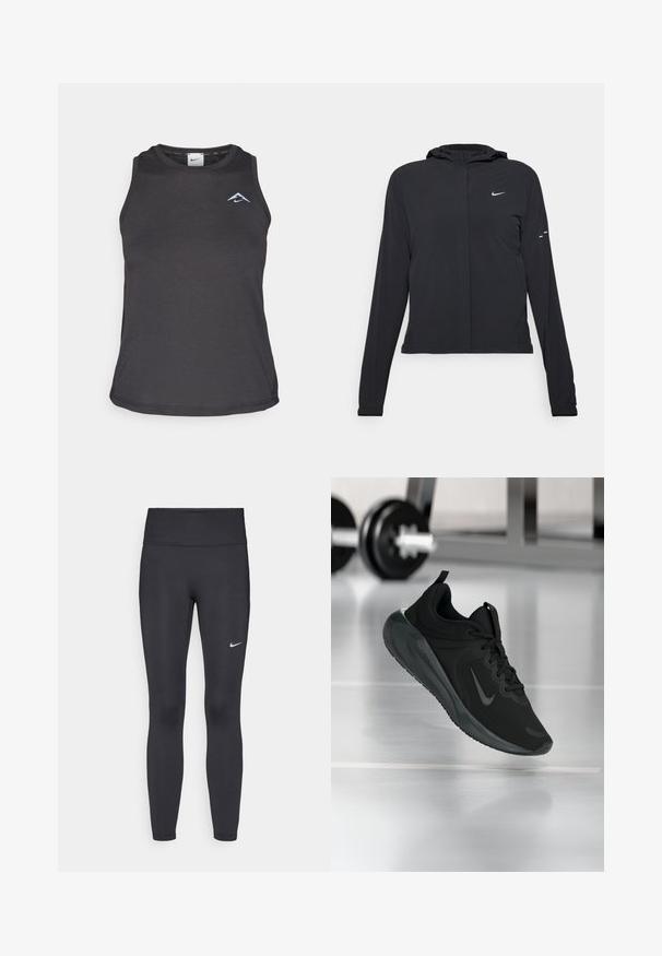 Črna kapuča s dolgimi rokavi, izdelana iz lahkega materiala. Ima sprednji zadrgo, logotip Nike in subtilne oblikovne detajle.; Črna športna majica brez rokavov s krožnim izrezom, z majhnim modrim logo na prsih in gladkim, lahkim materialom.; Črne legice iz elastične tkanine, z visokim pasom in belim Nike logo na levem stegnu. Gladka tekstura, oblikovno prilegajoč dizajn.; Črne športne teniske z logotipom Nike, prikazane v zraku na telovadni talni površini, v ozadju pa zamegljena vrsta uteži.