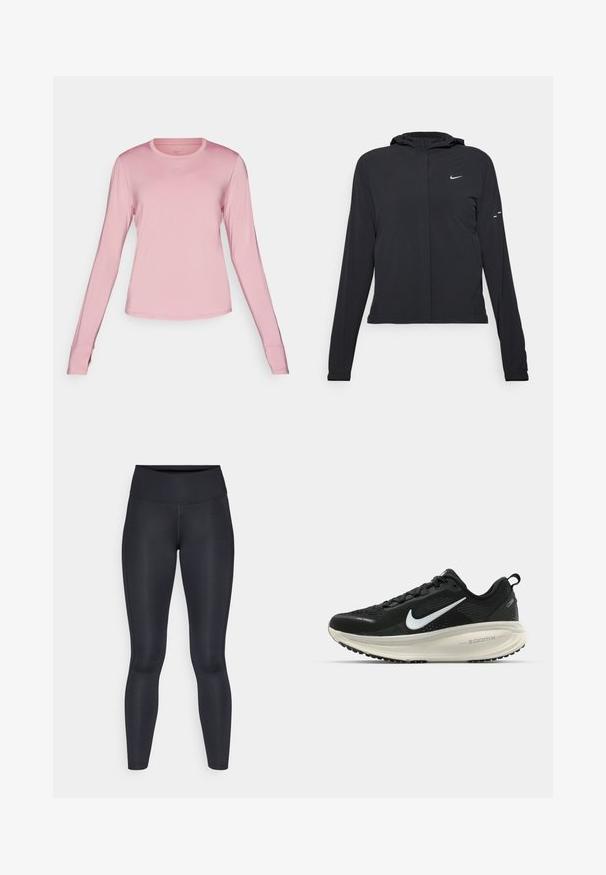 Černá kapucňová bunda s dlouhými rukávy, vyrobená z lehkého materiálu. Obsahuje přední zip, logo Nike a decentní designové akcenty.; Růžové sportovní tričko s dlouhým rukávem vyrobené z hladkého, lehkého materiálu, s kulatým výstřihem a diskrétním logem Nike na hrudi.; Černé legíny vyrobené z hladké, elastické tkaniny. Vysoký pas bez viditelných vzorů nebo akcentů. Těsně přiléhají od pasu k kotníkům.; Černá běžecká obuv Nike s prodyšným síťovaným svrškem, bílým logem swoosh, texturovanými detaily a krémovou mezipodešví ZoomX.