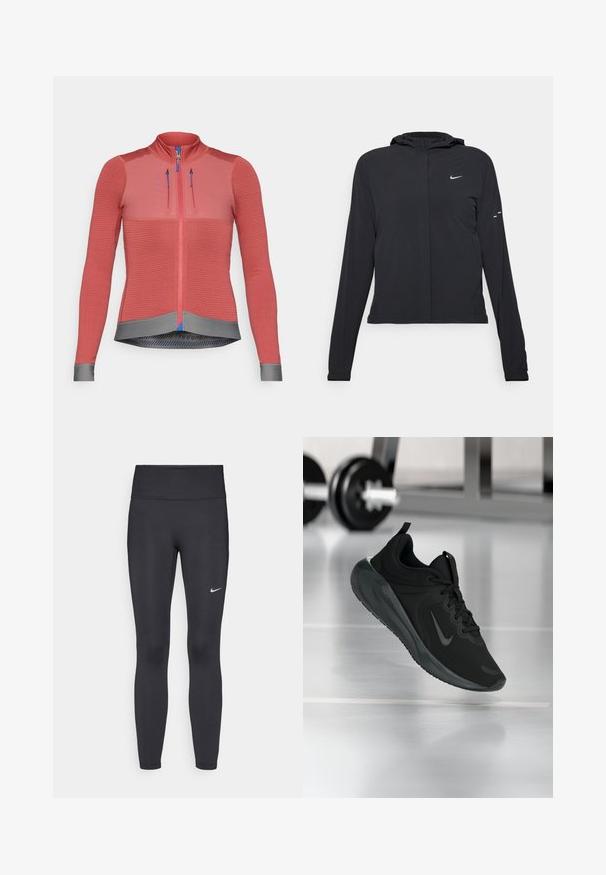 Black hooded jacket with long sleeves, made from lightweight material. Features a front zipper, a Nike logo, and subtle design accents.; Raspberry-colored cycling jacket with long sleeves, textured fabric, full front zipper, gray hem, blue zipper pulls, and reflective details.; Black leggings made of stretchy fabric, featuring a high waistband and a white Nike logo on the left thigh. Smooth texture, form-fitting design.; Black sports sneaker with Nike logo, shown mid-air on gym floor, with blurred dumbbell rack in background.
