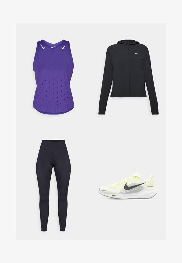 Black hooded jacket with long sleeves, made from lightweight material. Features a front zipper, a Nike logo, and subtle design accents.; Purple athletic tank top with a v-neck, featuring white Nike logos and perforated dot patterns for ventilation. Soft fabric, sleeveless design.; High-waisted black leggings made of stretch fabric, featuring a smooth texture and a small logo on the lower leg. Form-fitting design.; Nike running shoes with a light yellow and white mesh upper, grey accents, and a flexible rubber sole. Features a lace-up closure.