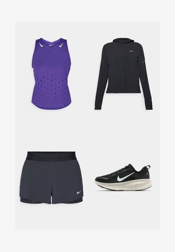 Crna jakna s kapuljačom i dugim rukavima, izrađena od laganog materijala. Ima prednji patentni zatvarač, Nike logo i suptilne dizajnerske detalje.; Ljubičasti atletski top s v-izrezom, s bijelim Nike logotipima i perforiranim točkastim uzorkom za ventilaciju. Mekana tkanina, bez rukava.; Crne atletske kratke hlače s elastičnom stražnjicom, imaju slojeviti dizajn i mali bijeli Nike logo na donjoj lijevoj strani. Lagani materijal.; Crne Nike trkačke tenisice s prozračnom mrežastom gornjom konstrukcijom, bijelim swoosh logotipom, teksturiranim detaljima i kremastom ZoomX srednjom potplatnom jedinicom.