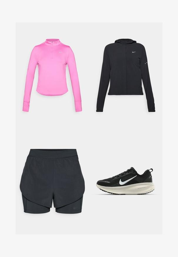 Svart huva jacka med långa ärmar, gjord av lätt material. Har en framdragare, en Nike-logotyp och subtila designelement.; Långärmad rosa träningströja med halv dragkedja, tight passform, rund fåll och reflekterande Nike-logotyp på övre vänstra sidan. Mjuk, stretchig tyg.; Svarta träningsshorts med ett lagerdesign, med ett slätt yttre lager och en åtsittande inre short. Tillverkade av lätt, elastisk tyg.; Svart Nike löparsko med andningsbart mesh-ovandel, vit swoosh-logotyp, texturerad detaljering och en krämfärgad ZoomX-mellansula.