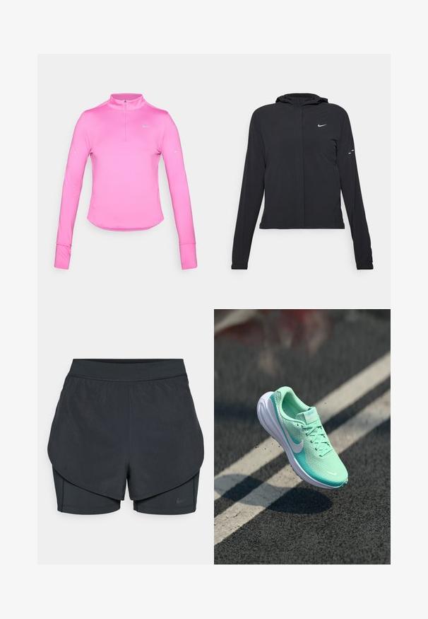 Sort hættetrøje med lange ærmer, lavet af letvægtsmateriale. Har en frontlynlås, et Nike-logo og subtile designaccenter.; Langærmet pink træningsbluse med halv-zip krave, tætsiddende pasform, rund kant og reflekterende Nike-logo på øverste venstre side. Blødt, strækbart materiale.; Sorte atletiske shorts med et lagdelt design, der har et glat yderlag og tætsiddende indershorts. Lavet af letvægts, strækbart stof.; Letvægts, mintgrøn løbesko med mesh-overdel, polstret krave og hvid gummisål. Nike-logo på siden; snørebånd synlige.