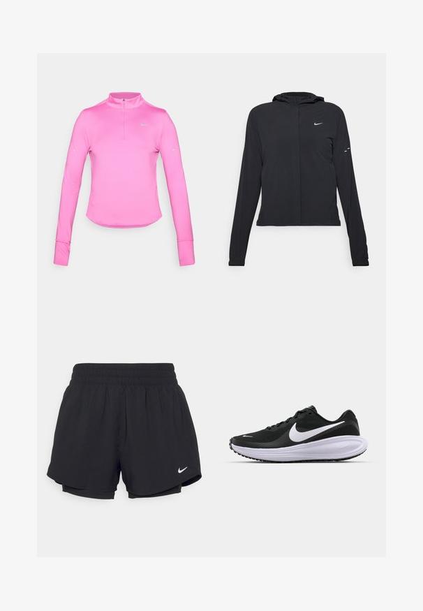 Černá kapucňová bunda s dlouhými rukávy, vyrobená z lehkého materiálu. Obsahuje přední zip, logo Nike a decentní designové akcenty.; Růžová sportovní mikina s dlouhým rukávem, polovičním zipem a přiléhavým střihem, zaobleným lemem a reflexním logem Nike na levé horní straně. Měkká, elastická tkanina.; Černé sportovní šortky s nařaseným elastickým pasem, vnitřní podšívkou a bílým logem Nike na dolním levém rohu. Hladká, lehká tkanina.; Černá atletická bota s texturovaným síťovaným svrškem, bílým logem swoosh, polstrovaným límcem a silnou, odpruženou bílou mezipodešví. Gumová podešev.