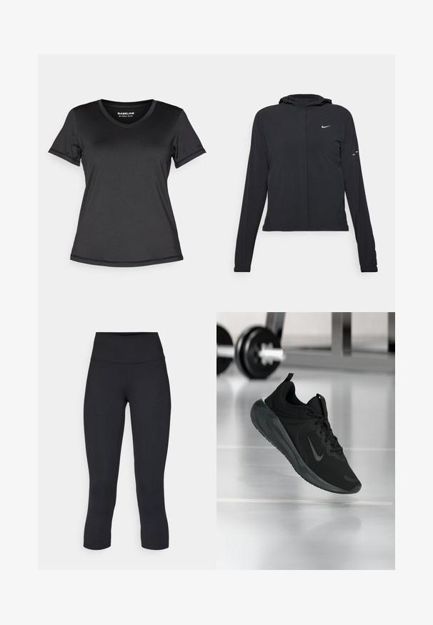 Must musta kapuutsiga jakk, millel on pikad varrukad ja mis on valmistatud kergetest materjalidest. Omab esitaskut, Nike logo ja kergelt silmatorkavaid disainiaktsente.; Must have lühikeste varrukatega V-kaelusega must t-särk, mis on valmistatud siledast ja kergest materjalist. Omab õmblustega servasid ja logot varrukal. Lihtne disain.; Mustad mustad õhukesed leggingud, mis on valmistatud venivast kangast, kõrge vöökoha ja siledaga, ilma nähtavate mustrite või metalldetailideta.; Mustad mustang spordijalatsid Nike logo'ga, õhus spordisaali põrandal, häguste hantlite riiulitega taustal.