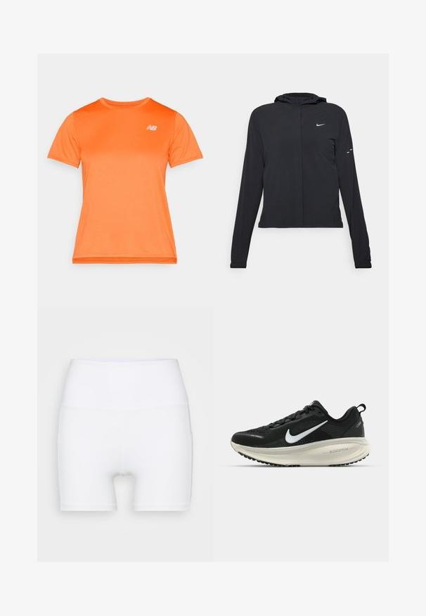 Must musta kapuutsiga jakk, millel on pikad varrukad ja mis on valmistatud kergetest materjalidest. Omab esitaskut, Nike logo ja kergelt silmatorkavaid disainiaktsente.; Lühikeste varrukatega sportlik särk erksas oranžis, valmistatud kergest kangast, millel on tekstuurne viimistlus. Rinnal on väike valge logo.; Valged kõrge vöökohaga lühikesed püksid, mis on valmistatud venivast kangast. Omab siledat tekstuuri ja mugavat lõiget, ilma lisamustrideta või -detailideta.; Musthave mustus Nike jooksujalats, millel on hingav võrgust ülemine osa, valge swoosh logo, tekstuuriga detailid ja kreemja värvusega ZoomX vahevöö.