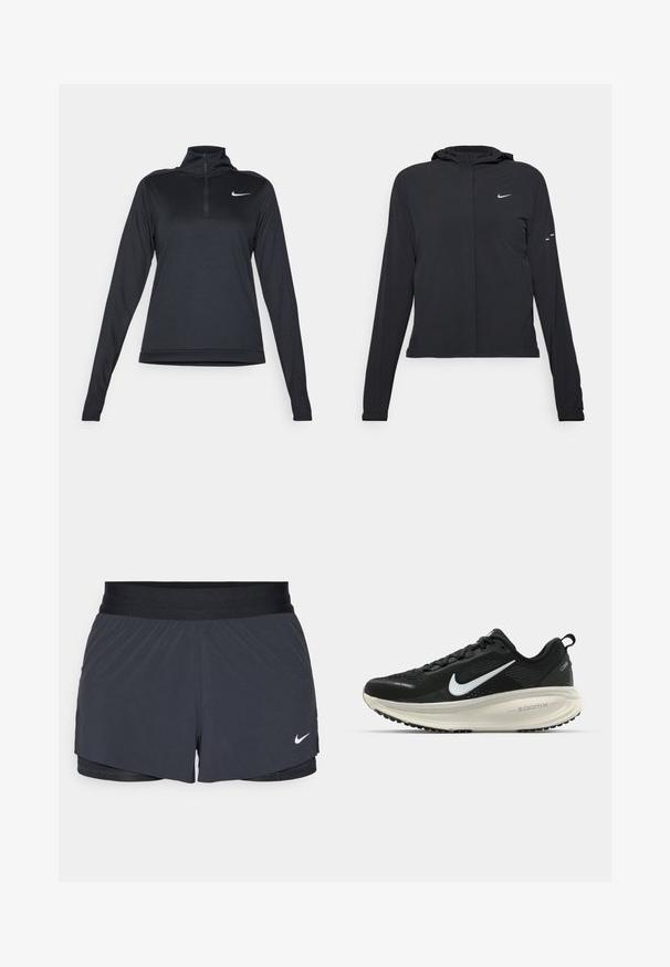 Crna jakna s kapuljačom i dugim rukavima, izrađena od laganog materijala. Ima prednji patentni zatvarač, Nike logo i suptilne dizajnerske detalje.; Crna sportska majica dugih rukava s ovratnikom na četvrtinu, izrađena od glatkog, laganog materijala, s malim bijelim Nike logotipom na prsima.; Crne atletske kratke hlače s elastičnom stražnjicom, imaju slojeviti dizajn i mali bijeli Nike logo na donjoj lijevoj strani. Lagani materijal.; Crne Nike trkačke tenisice s prozračnom mrežastom gornjom konstrukcijom, bijelim swoosh logotipom, teksturiranim detaljima i kremastom ZoomX srednjom potplatnom jedinicom.