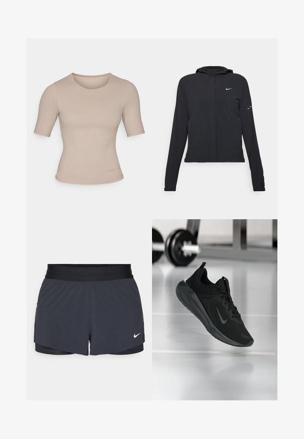 Černá kapucňová bunda s dlouhými rukávy, vyrobená z lehkého materiálu. Obsahuje přední zip, logo Nike a decentní designové akcenty.; Krémový top s krátkým rukávem ve fitted designu, vyrobený z hladkého materiálu s kulatým výstřihem. Obsahuje minimální detaily šití a visačku na lem.; Černé sportovní kraťasy s elastickým pasem, které mají vrstvený design a malé bílé logo Nike na dolním levém rohu. Lehce materiál.; Černé sportovní tenisky s logem Nike, zobrazené ve vzduchu na podlaze tělocvičny, s rozostřeným regálem s činkami na pozadí.
