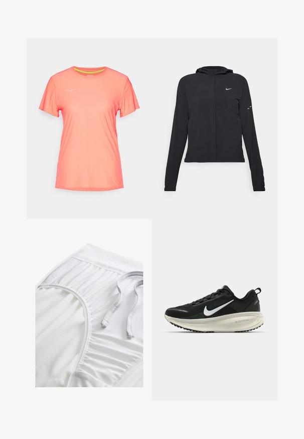 Casaco preto com capuz e mangas longas, feito de material leve. Apresenta um fecho dourado na frente, um logótipo da Nike e detalhes de design subtis.; T-shirt desportivo de manga curta em rosa vibrante com uma textura leve e suave. Apresenta um decote redondo e um logótipo refletor na parte da frente.; Calções atléticos brancos com um cós texturizado, detalhes laterais franzidos e um cordão liso. Tecido suave com acabamento suave.; Sapatilha de corrida Nike preta com parte superior de malha respirável, logotipo Swoosh branco, detalhes texturizados e uma entressola ZoomX na cor creme.