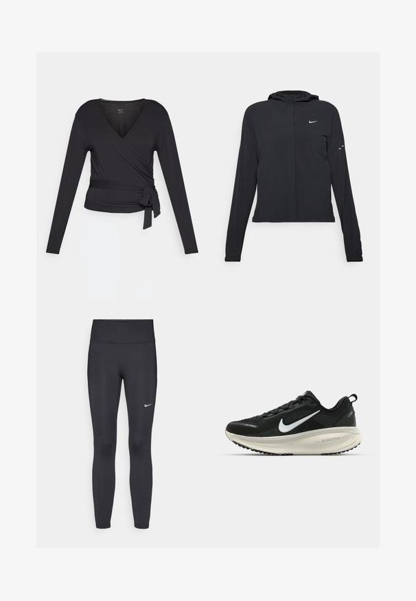 Svart hettegenser med lange ermer, laget av lett materiale. Har glidelås foran, Nike-logo og subtile design detaljer.; Svart langermet omslagstopp med V-hals, med en sideknute. Laget av myk, glatt stoff med en tettsittende silhuett.; Sorte leggings laget av elastisk stoff, med høy livlinje og en hvit Nike-logo på venstre lår. Glatt tekstur, kroppsnær passform.; Svart Nike løpesko med pustende mesh-overdel, hvit swoosh-logo, teksturert detaljer og en kremfarget ZoomX mellomsåle.