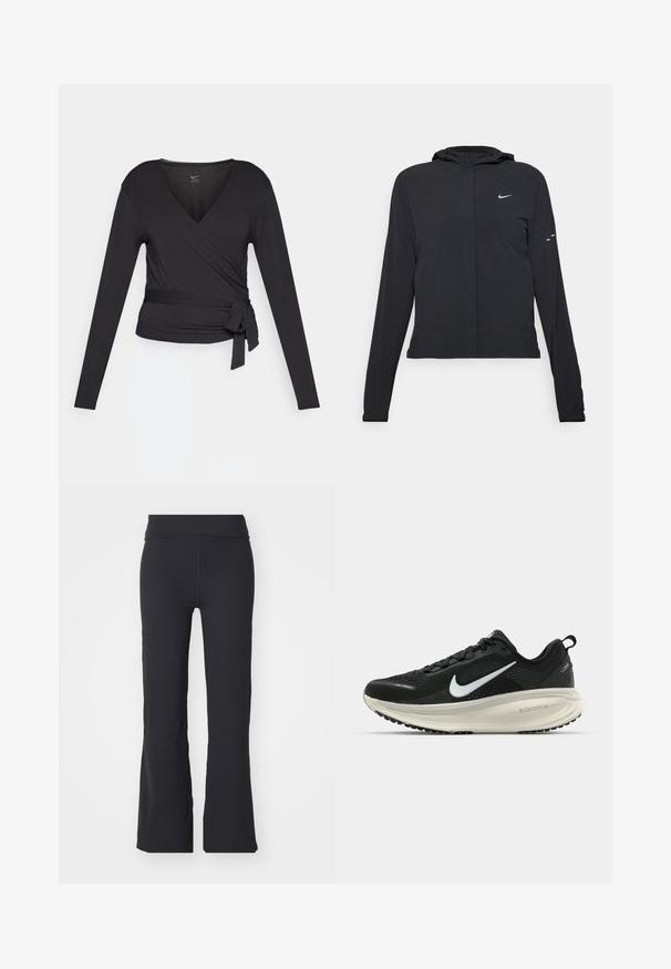 Sort hættetrøje med lange ærmer, lavet af letvægtsmateriale. Har en frontlynlås, et Nike-logo og subtile designaccenter.; Sort langærmet indpakningsbluse med V-hals, der har et sidelæg. Lavet af blødt, glat stof med en tætsiddende silhuet.; Sorte trompetbukser lavet af strækbart stof med høj talje. Har rene linjer og en glat tekstur, velegnet til afslappet brug.; Sort Nike løbesko med åndbart mesh-overdel, hvidt swoosh-logo, tekstureret detaljering og en cremede ZoomX mellemsål.