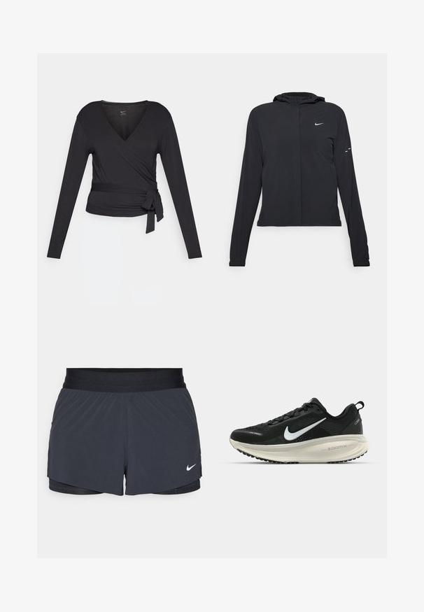 Črna kapuča s dolgimi rokavi, izdelana iz lahkega materiala. Ima sprednji zadrgo, logotip Nike in subtilne oblikovne detajle.; Črna dolgoročja jakna s V-izrezom, ki ima bočni vozel. Narejena iz mehkega in gladkega materiala s prilegnjeno silhueto.; Črne atletske kratke hlače z elastičnim pasom, ki imajo plastičen dizajn in majhen bel Nike logotip na spodnji levi strani. Lahkoten material.; Črne Nike tekaške čevlje z zračno mrežno zgornjim delom, belim logotipom Swoosh, teksturiranimi detajli in smetanasto barvnim srednjim delom ZoomX.