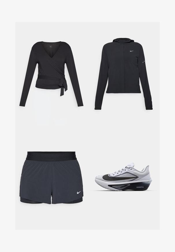 Čierna kapucňová bunda s dlhou rukávou, vyrobená z ľahkého materiálu. Má predný zips, logo Nike a jemné dizajnové akcenty.; Čierny dlhý rukáv zabalovací top s V-výstrihom, s postranným viazaním. Vyrobený z jemného, hladkého materiálu s priliehavým strihom.; Čierne športové šortky s elastickým pásom, ktoré majú vrstvený dizajn a malú bielu aplikáciu loga Nike v dolnom ľavom rohu. Ľahký materiál.; Biele športové topánky s vrchnou časťou z mäkkej sieťoviny, obsahujúce čierny zakrivený swoosh, podrážku so odpružením ZoomX a textúrovaný dizajn pre priedušnosť.