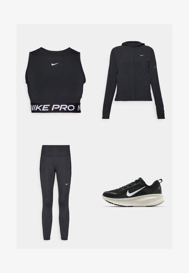 Svart huva jacka med långa ärmar, gjord av lätt material. Har en framdragare, en Nike-logotyp och subtila designelement.; Svart sport-bh med hög halsringning och bred resår som har "NIKE PRO" i vitt. Tillverkad av ett mjukt, stretchigt material. Nike-logotyp på bröstet.; Svarta leggings i elastiskt material, med hög midja och en vit Nike-logga på vänster lår. Slät textur, figurnära design.; Svart Nike löparsko med andningsbart mesh-ovandel, vit swoosh-logotyp, texturerad detaljering och en krämfärgad ZoomX-mellansula.
