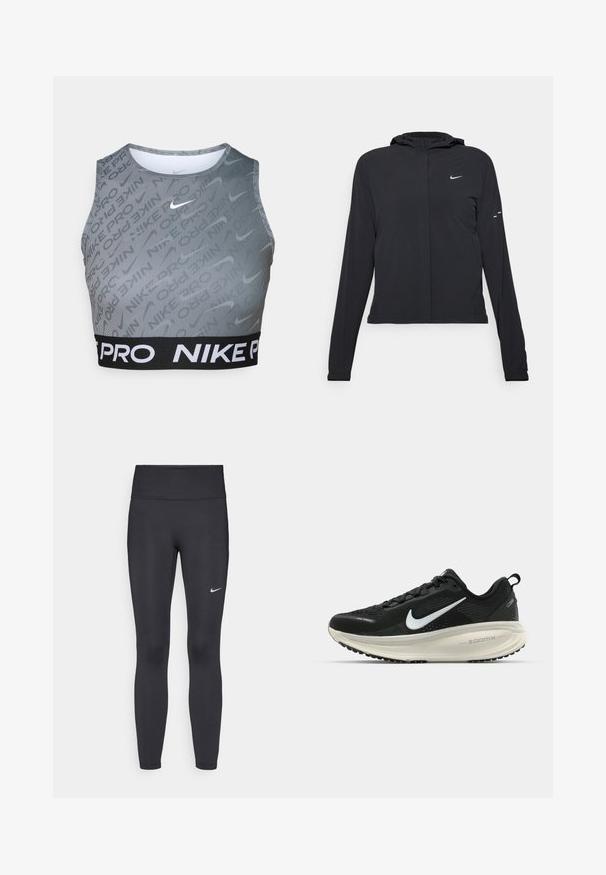 Giacca nera con cappuccio e maniche lunghe, realizzata in materiale leggero. Presenta una zip frontale, il logo Nike e accenti di design sottili.; Nike Pro reggiseno sportivo tagliato in grigio con fascia elastica nera. Presenta strisce verticali e un leggero motivo logo. Texture liscia, design senza maniche.; Leggings neri realizzati in tessuto elasticizzato, con una vita alta e un logo Nike bianco sulla coscia sinistra. Tessuto liscio, design aderente.; Scarpa da corsa nera Nike con tomaia in rete traspirante, logo Swoosh bianco, dettagli testurizzati e intersuola ZoomX di colore crema.