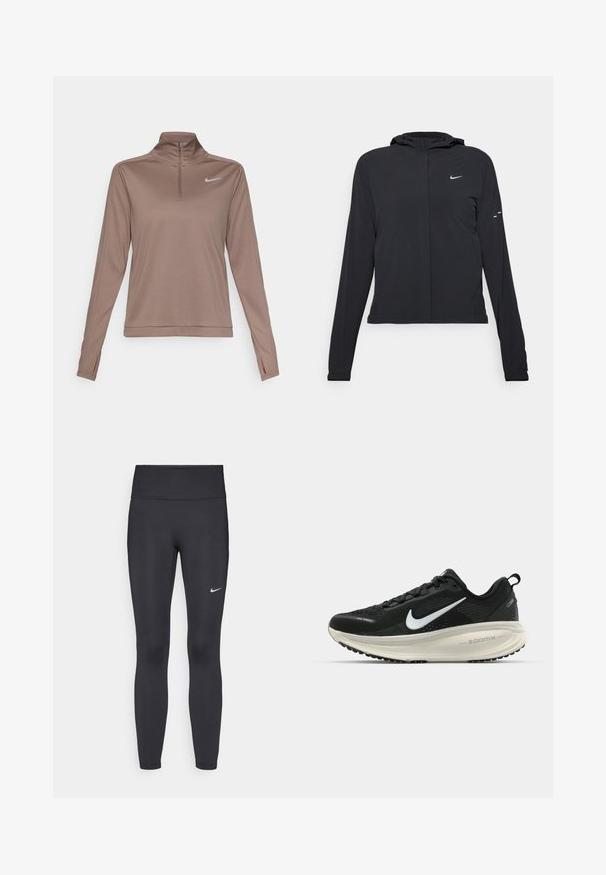 Črna kapuča s dolgimi rokavi, izdelana iz lahkega materiala. Ima sprednji zadrgo, logotip Nike in subtilne oblikovne detajle.; Nike Performance DRI-FIT PACER - Majica z dolgimi rokavi - mink brown/reflective silver; Črne legice iz elastične tkanine, z visokim pasom in belim Nike logo na levem stegnu. Gladka tekstura, oblikovno prilegajoč dizajn.; Črne Nike tekaške čevlje z zračno mrežno zgornjim delom, belim logotipom Swoosh, teksturiranimi detajli in smetanasto barvnim srednjim delom ZoomX.