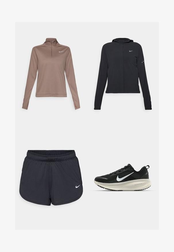 Svart hettegenser med lange ermer, laget av lett materiale. Har glidelås foran, Nike-logo og subtile design detaljer.; Nike Performance DRI-FIT PACER - Topper langermet - mink brown/reflective silver; Svarte treningsshorts laget av lett, pustende stoff. Har elastisk linning og hvit Nike-logo nederst til høyre.; Svart Nike løpesko med pustende mesh-overdel, hvit swoosh-logo, teksturert detaljer og en kremfarget ZoomX mellomsåle.