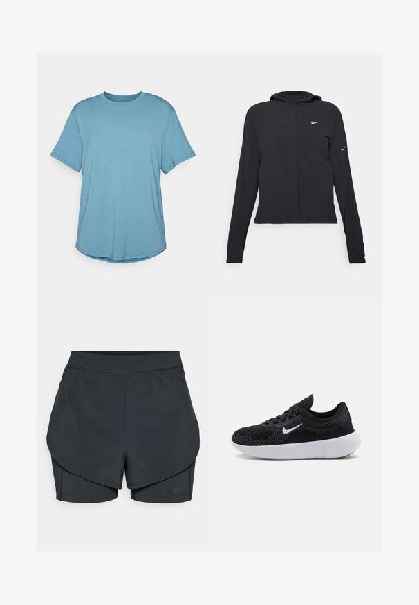 Casaco preto com capuz e mangas longas, feito de material leve. Apresenta um fecho dourado na frente, um logótipo da Nike e detalhes de design subtis.; T-shirt de manga curta com decote redondo em azul claro, feito de tecido suave com um corte descontraído, apresentando uma bainha curva e detalhes de costura mínimos.; Calções desportivos pretos com um design em camadas, apresentando uma camada exterior suave e calções interiores ajustados. Feitos de um tecido leve e elástico.; Sapato atlético preto com parte superior em malha, design texturizado, bico arredondado, sola de borracha branca e um logotipo da Nike na lateral.