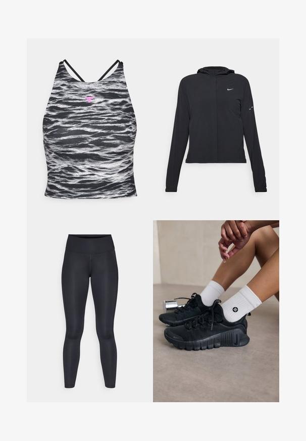 Black hooded jacket with long sleeves, made from lightweight material. Features a front zipper, a Nike logo, and subtle design accents.; Under Armour LETS GO - Top - black/vivid magenta; Black leggings made of smooth, stretchy fabric. High waist with no visible patterns or accents. Fit closely from waist to ankles.; Black athletic shoes with textured fabric, laced design, and a prominent sole, paired with white ribbed socks featuring a small logo.