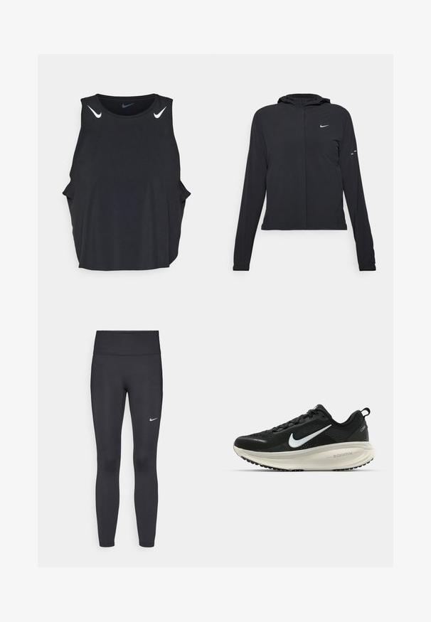 Black hooded jacket with long sleeves, made from lightweight material. Features a front zipper, a Nike logo, and subtle design accents.; Black sleeveless athletic tank top with rounded neckline, side slits, and white Nike swoosh logos on shoulders. Smooth, lightweight fabric.; Black leggings made of stretchy fabric, featuring a high waistband and a white Nike logo on the left thigh. Smooth texture, form-fitting design.; Black Nike running shoe with breathable mesh upper, white swoosh logo, textured detailing, and a cream-colored ZoomX midsole.