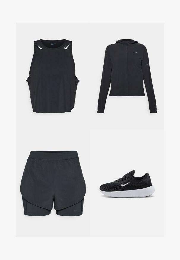 Schwarze Kapuzenjacke mit langen Ärmeln, aus leichtem Material gefertigt. Sie hat einen vorderen Reißverschluss, ein Nike-Logo und dezente Designelemente.; Schwarzes ärmelloses Sport-Tanktop mit rundem Ausschnitt, seitlichen Schlitzen und weißen Nike-Swoosh-Logos auf den Schultern. Glatter, leichter Stoff.; Schwarze sportliche Shorts mit einem geschichteten Design, das eine glatte äußere Schicht und eng anliegende innere Shorts umfasst. Hergestellt aus leichtem, dehnbarem Material.; Schwarzer Sportschuh mit einem Obermaterial aus Mesh, strukturiertem Design, runder Zehenpartie, weißer Gummisohle und einem Nike-Logo an der Seite.