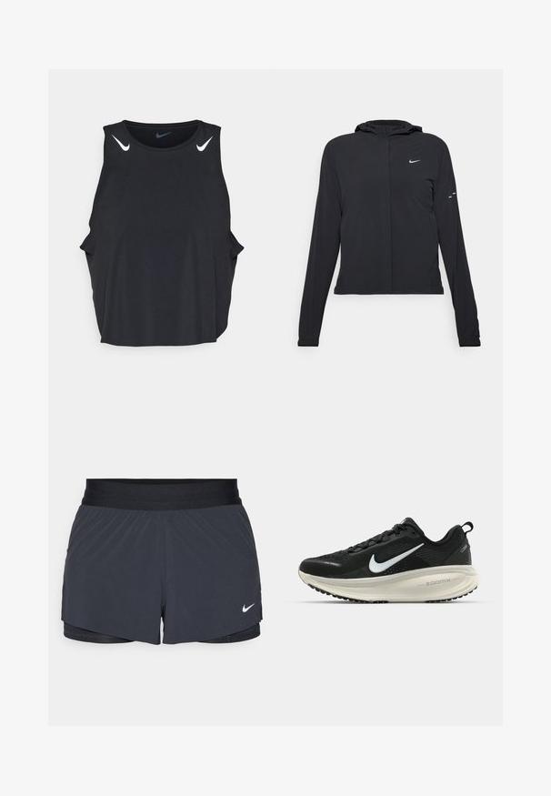 Schwarze Kapuzenjacke mit langen Ärmeln, aus leichtem Material gefertigt. Sie hat einen vorderen Reißverschluss, ein Nike-Logo und dezente Designelemente.; Schwarzes ärmelloses Sport-Tanktop mit rundem Ausschnitt, seitlichen Schlitzen und weißen Nike-Swoosh-Logos auf den Schultern. Glatter, leichter Stoff.; Schwarze Sportshorts mit elastischem Bund, ausgestattet mit einem geschichteten Design und einem kleinen weißen Nike-Logo unten links. Leichtes Material.; Schwarzer Nike-Laufschuh mit atmungsaktivem Mesh-Obermaterial, weißem Swoosh-Logo, strukturierten Details und einer cremefarbenen ZoomX-Zwischensohle.