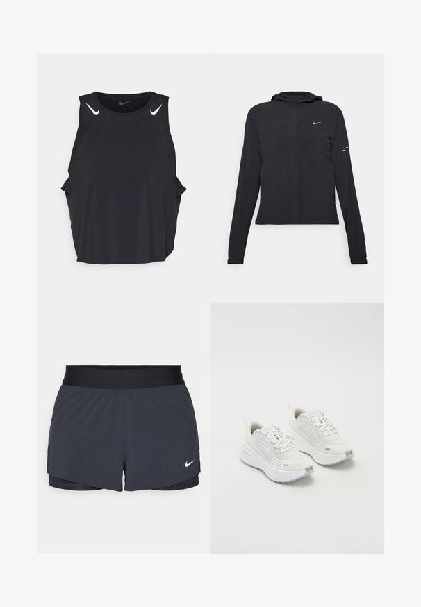 Zwarte kaptrui met lange mouwen, gemaakt van lichtgewicht materiaal. Voorzien van een ritssluiting aan de voorkant, een Nike-logo en subtiele ontwerpelementen.; Zwarte mouwloze sportieve tanktop met ronde hals, zijsplitten en witte Nike swoosh-logo's op de schouders. Glad, lichtgewicht materiaal.; Zwarte sportshorts met een elastische tailleband, met een gelaagd ontwerp en een klein wit Nike-logo aan de onderkant links. Lichtgewicht materiaal.; Witte sportieve schoenen met een gestructureerde mesh bovenkant, een comfortabele zool en subtiele grijze accenten. Inclusief branding en een lus aan de hiel voor eenvoudig aan- en uittrekken.