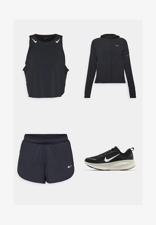 Svart huva jacka med långa ärmar, gjord av lätt material. Har en framdragare, en Nike-logotyp och subtila designelement.; Svart ärmlös träningslinne med rundad halsringning, sidofrackar och vita Nike swoosh-logotyper på axlarna. Slätt, lättviktigt tyg.; Svarta träningsshorts i lätt och andningsbart material. Har resårmidja och en vit Nike-logotyp på nedre högra sidan.; Svart Nike löparsko med andningsbart mesh-ovandel, vit swoosh-logotyp, texturerad detaljering och en krämfärgad ZoomX-mellansula.