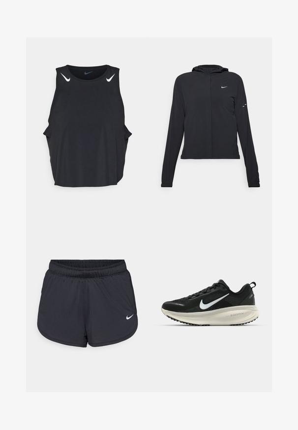 Giacca nera con cappuccio e maniche lunghe, realizzata in materiale leggero. Presenta una zip frontale, il logo Nike e accenti di design sottili.; Canotta atletica nera senza maniche con scollatura arrotondata, tagli laterali e loghi Nike bianchi sulle spalle. Tessuto liscio e leggero.; Pantaloncini sportivi neri con cintura elastica, caratterizzati da un design sportivo e un logo Nike bianco sulla parte anteriore inferiore. Tessuto strutturato.; Scarpa da corsa nera Nike con tomaia in rete traspirante, logo Swoosh bianco, dettagli testurizzati e intersuola ZoomX di colore crema.