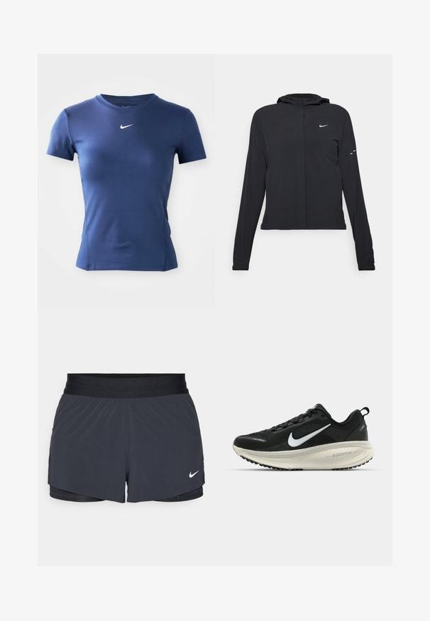Črna kapuča s dolgimi rokavi, izdelana iz lahkega materiala. Ima sprednji zadrgo, logotip Nike in subtilne oblikovne detajle.; Mornarsko modra kratka športna majica z belim Nike označevalnim znakom, ki je postavljen pod ovratnikom na enobarvni podlagi.; Črne atletske kratke hlače z elastičnim pasom, ki imajo plastičen dizajn in majhen bel Nike logotip na spodnji levi strani. Lahkoten material.; Črne Nike tekaške čevlje z zračno mrežno zgornjim delom, belim logotipom Swoosh, teksturiranimi detajli in smetanasto barvnim srednjim delom ZoomX.