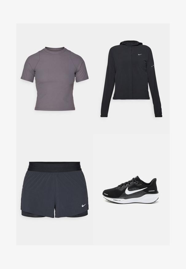 Must musta kapuutsiga jakk, millel on pikad varrukad ja mis on valmistatud kergetest materjalidest. Omab esitaskut, Nike logo ja kergelt silmatorkavaid disainiaktsente.; Lühikeste varrukatega kõrge kaelusega topp ribaliselt hallist kangast. Üks liigend disain siledate õmblustega ja sujuva tekstuuriga. Mustrit ega graafikat ei ole.; Mustad must sportlikud lühikesed püksid, millel on elastne vöökoht, kihiline disain ja väike valge Nike logo vasakul all. Kerge materjal.; Mustad mustreeritud ülikondadega mustad sportlikud jalanõud, millel on võrkkangas, valge Nike logo ja valge pehmendatud tald tekstuursete detailidega.