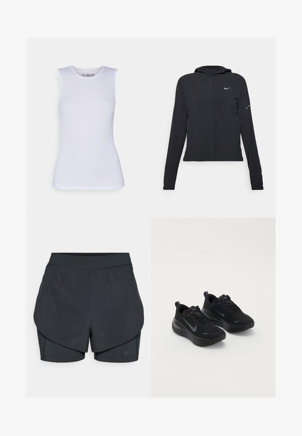 Black hooded jacket with long sleeves, made from lightweight material. Features a front zipper, a Nike logo, and subtle design accents.; Castelli PRO SLEEVELESS - Top - white; Black athletic shorts with a layered design, featuring a smooth outer layer and fitted inner shorts. Made of lightweight, stretch fabric.; Black athletic shoes with a textured upper, lace-up design, and a thick, cushioned sole. Features a grey Nike logo on each side.