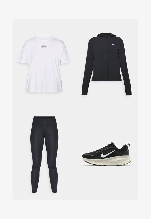 Sort hættetrøje med lange ærmer, lavet af letvægtsmateriale. Har en frontlynlås, et Nike-logo og subtile designaccenter.; Hvid bomulds t-shirt med korte ærmer, der har en rund hals og trykt tekst i sort, der siger "ONLY PLAY ATHLEISURE" på forsiden.; Sorte leggings lavet af glat, strækbart stof. Høj talje uden synlige mønstre eller accenter. Sidder tæt fra talje til ankler.; Sort Nike løbesko med åndbart mesh-overdel, hvidt swoosh-logo, tekstureret detaljering og en cremede ZoomX mellemsål.