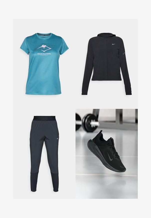 Czarna kurtka z kapturem, z długimi rękawami, wykonana z lekkiego materiału. Posiada zamek błyskawiczny z przodu, logo Nike oraz subtelne akcenty wzornicze.; Turkusowa koszulka sportowa wykonana z gładkiego, odprowadzającego wilgoć materiału. Posiada różowo-czarną grafikę gór oraz okrągły dekolt.; Spodnie sportowe Nike w ciemnoszarym kolorze, z tapered leg design, elastycznym paskiem w talii oraz akcentami przy nogawkach.; Czarny sportowy sneaker z logo Nike, pokazany w powietrzu na podłodze siłowni, z rozmytym regałem z hantlami w tle.