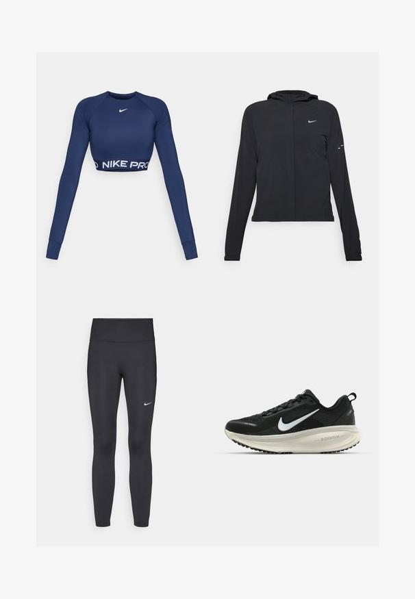 Casaco preto com capuz e mangas longas, feito de material leve. Apresenta um fecho dourado na frente, um logótipo da Nike e detalhes de design subtis.; Top cropped de manga longa Nike Pro em azul marinho. Apresenta um decote redondo e uma faixa com o logo "NIKE PRO" na bainha. Tecido suave e elástico.; Leggings pretos feitos de tecido elástico, com uma cintura alta e um logo branco da Nike na coxa esquerda. Textura suave, design ajustado ao corpo.; Sapatilha de corrida Nike preta com parte superior de malha respirável, logotipo Swoosh branco, detalhes texturizados e uma entressola ZoomX na cor creme.