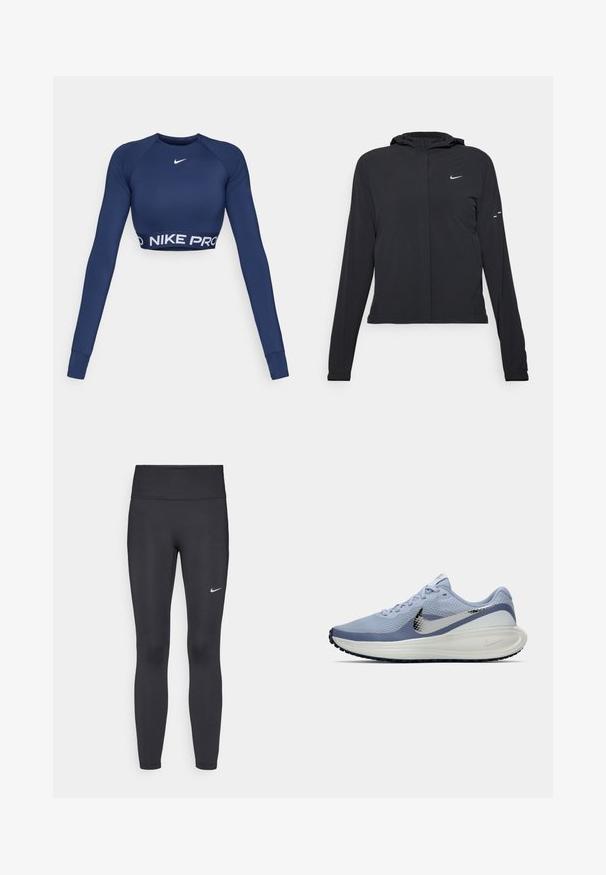 Sort hættetrøje med lange ærmer, lavet af letvægtsmateriale. Har en frontlynlås, et Nike-logo og subtile designaccenter.; Nike Pro langærmet cropped top i navy blå. Har en rund halsudskæring og en logo-bånd med "NIKE PRO" på kanten. Glat, strækbart stof.; Sorte leggings lavet af strækbart stof, med en høj talje og et hvidt Nike-logo på venstre lår. Glat tekstur, tætsiddende design.; Lysblå og hvid Nike løbesko med sølv swoosh, åndbart mesh-overdel, polstret sål og sort yttersålsmønster.
