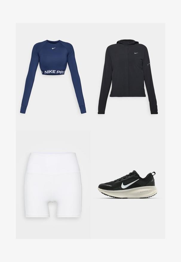 Jachetă neagră cu glugă, cu mâneci lungi, fabricată din material ușor. Dispune de un fermoar frontal, un logo Nike și accente de design subtile.; Top cropped cu mânecă lungă Nike Pro de culoare bleumarin. Dispune de un guler rotund și o bandă cu logo-ul "NIKE PRO" pe tiv. Material neted și elastic.; Șorturi albe cu talie înaltă, fabricate dintr-un material elastic. Au o textură netedă și un design ajustat, fără modele sau accesorii suplimentare.; Pantofii de alergare negri de la Nike, cu parte superioară din plasă respirabilă, logo-ul alb Swoosh, detalii texturate și o talpă intermediară ZoomX de culoare crem.