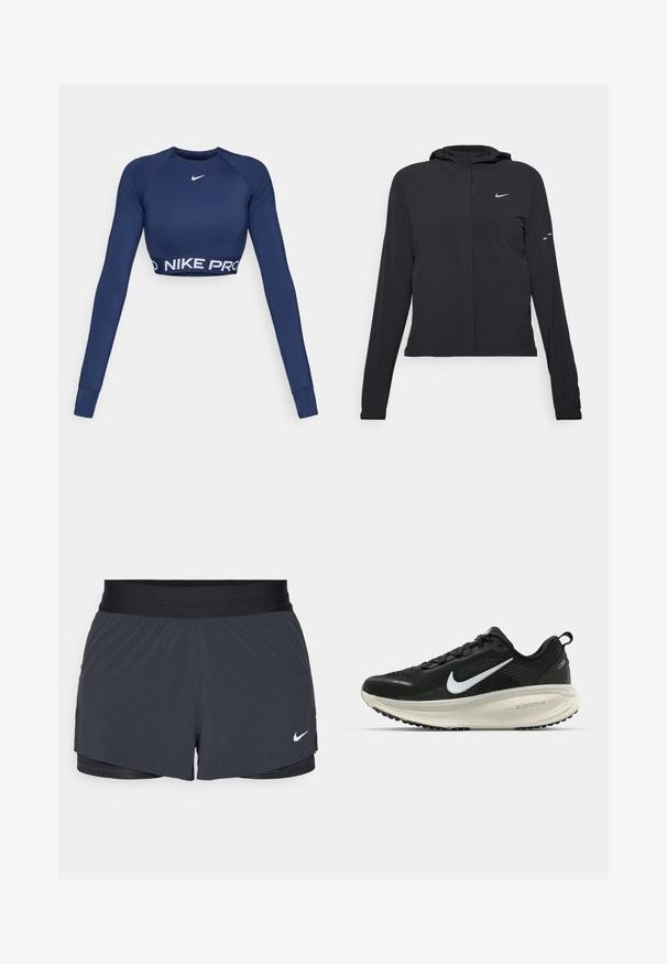 Black hooded jacket with long sleeves, made from lightweight material. Features a front zipper, a Nike logo, and subtle design accents.; Nike Pro long-sleeve cropped top in navy blue. Features a round neckline and logo band with "NIKE PRO" on the hem. Smooth, stretchy fabric.; Black athletic shorts with an elastic waistband, featuring a layered design and a small white Nike logo on the lower left. Lightweight material.; Black Nike running shoe with breathable mesh upper, white swoosh logo, textured detailing, and a cream-colored ZoomX midsole.